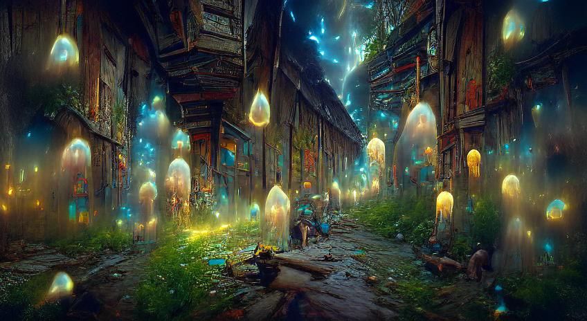 Steampunk Alleyway of Fireflies: Cel-Shaded Digital Illustra...