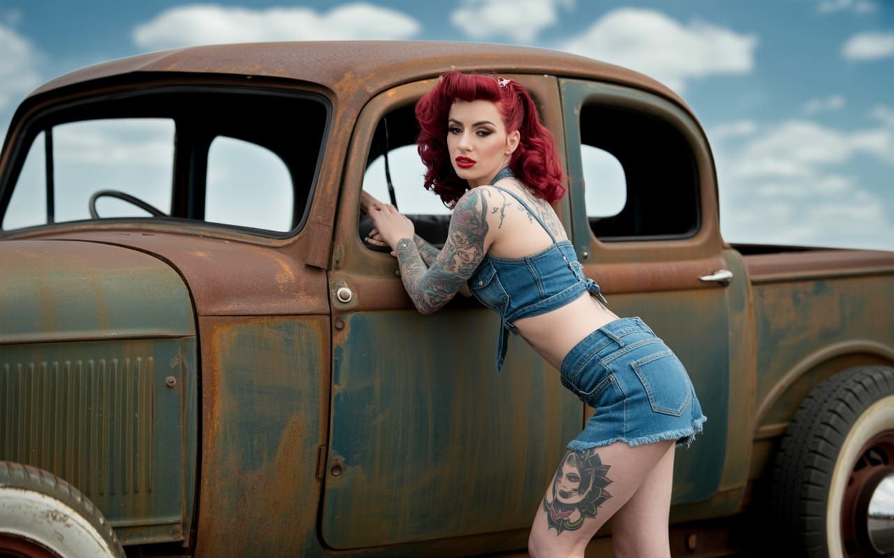 Rockabilly Woman with Rat Rod, 1950s Style