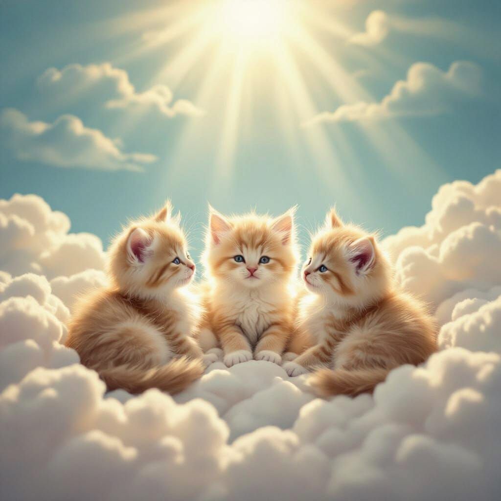 Three Fluffy Kittens in Ethereal Clouds