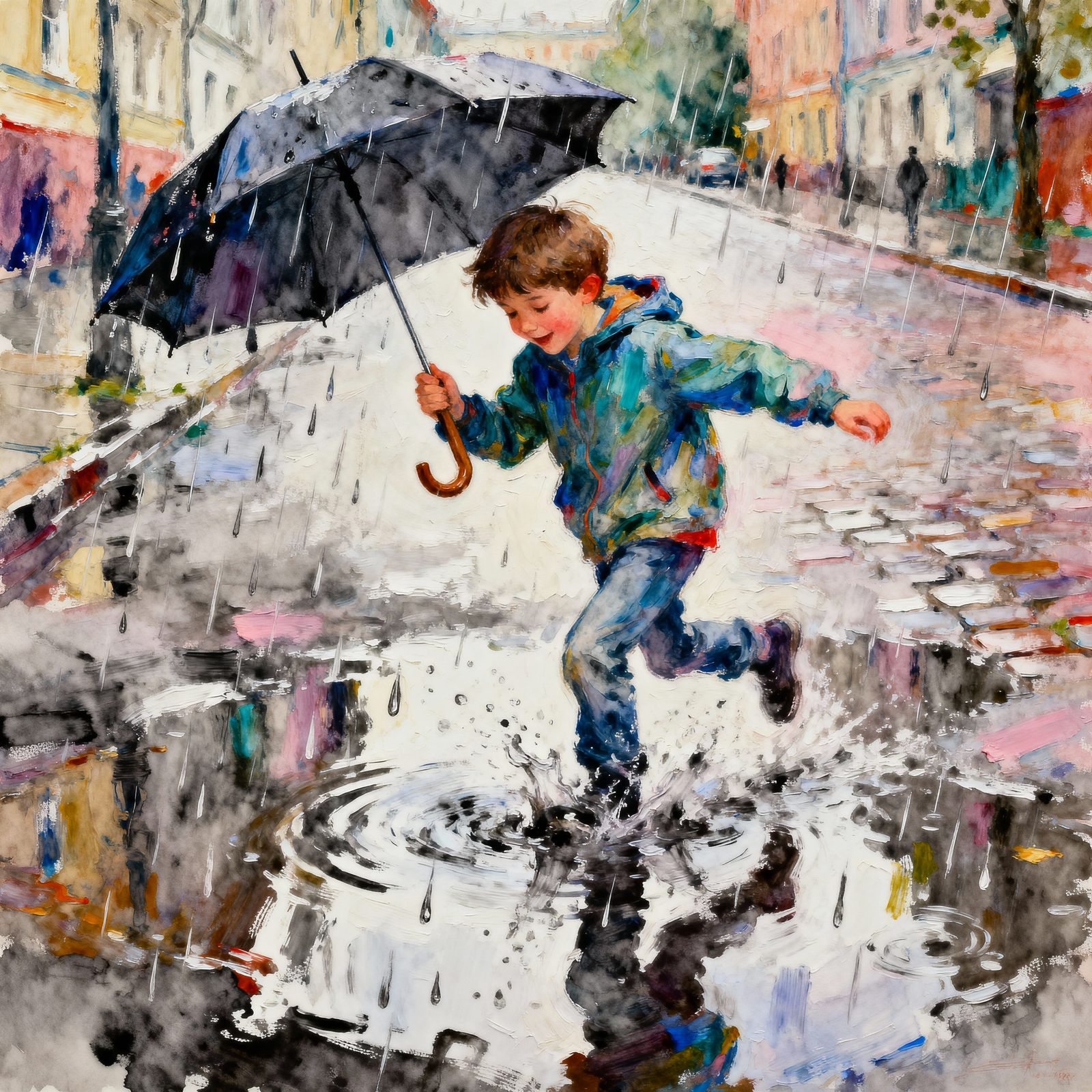 Urban Kid Splashing in Puddle Watercolor Sketch