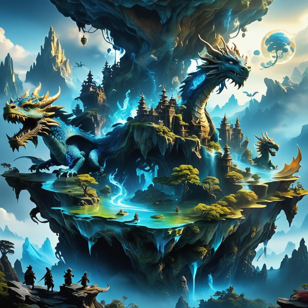 Fantasy World with Flying Islands and Dragons