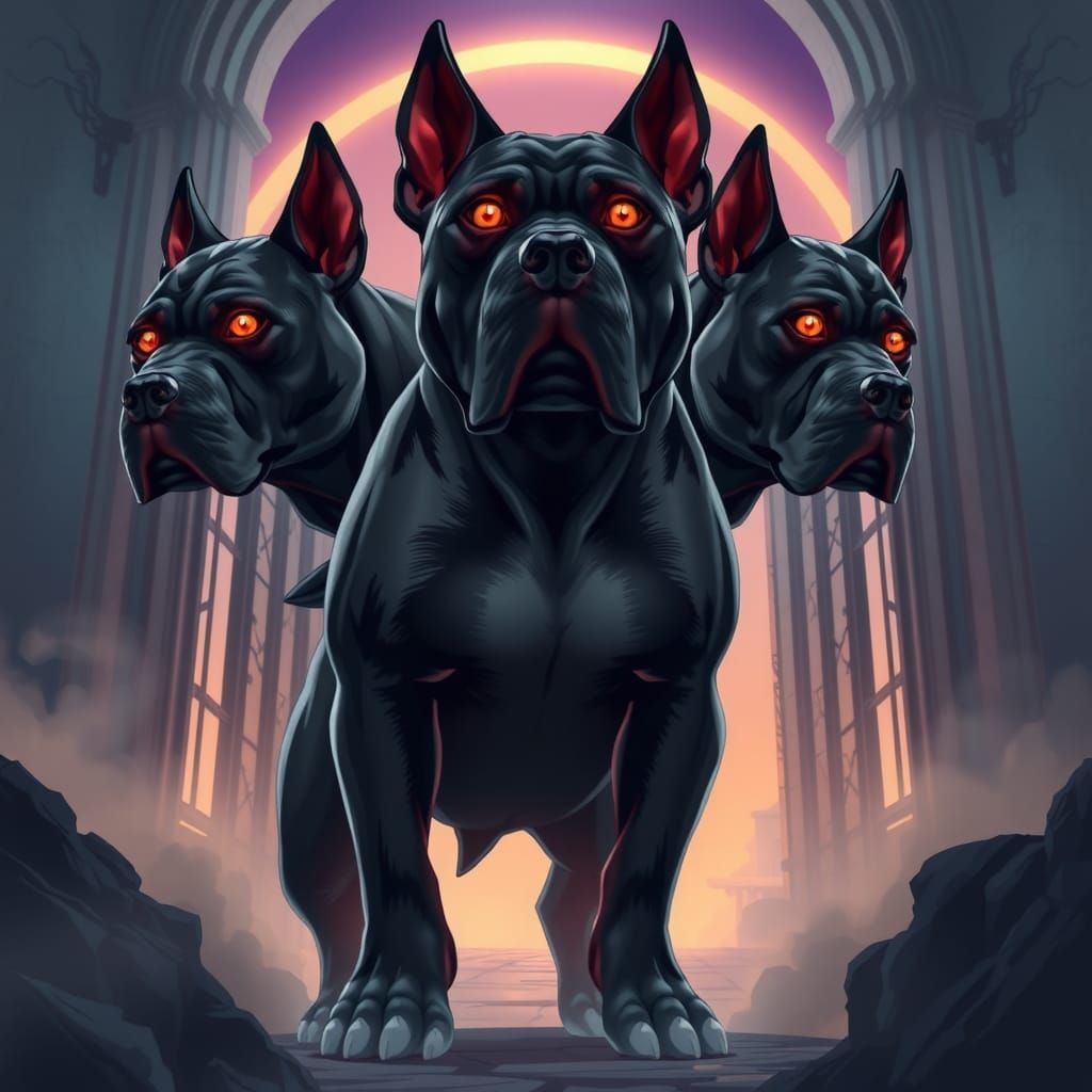 Three-Headed Pitbull Guards Gates of Underworld in Cell-Shad...
