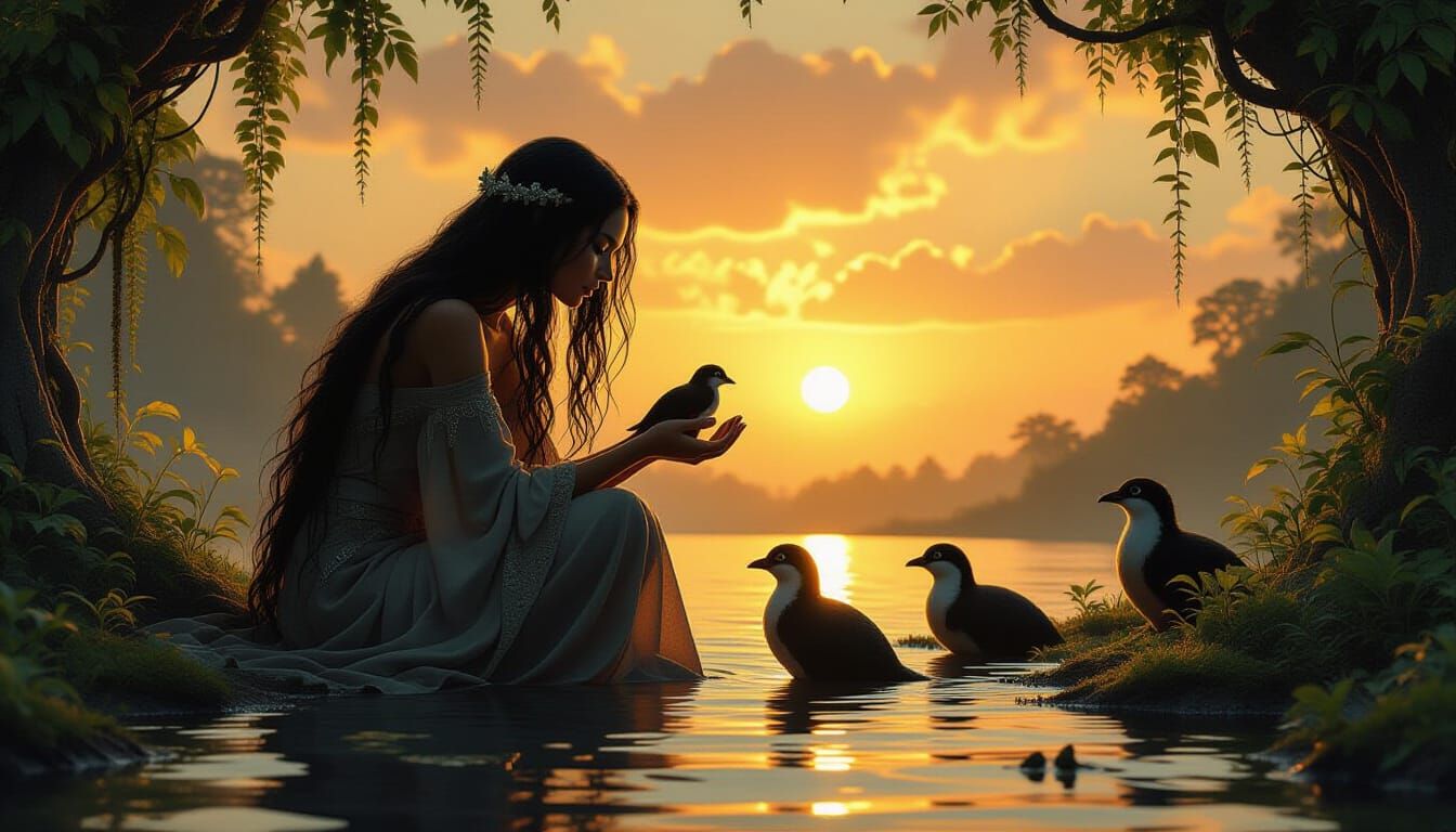 Mystical Creatures Awaken at Sunset: Intricate Dreamscape