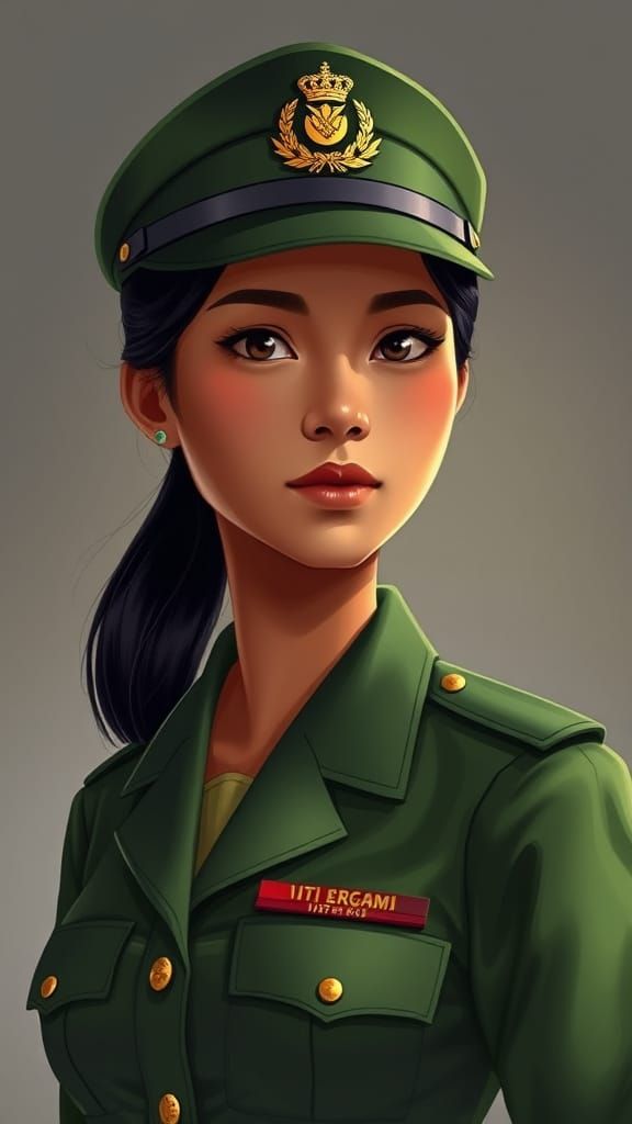 Cambodian Woman in Military Uniform: Digital Illustration