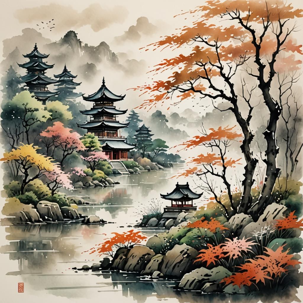 Ancient Japanese Calligraphy in Watercolor Style