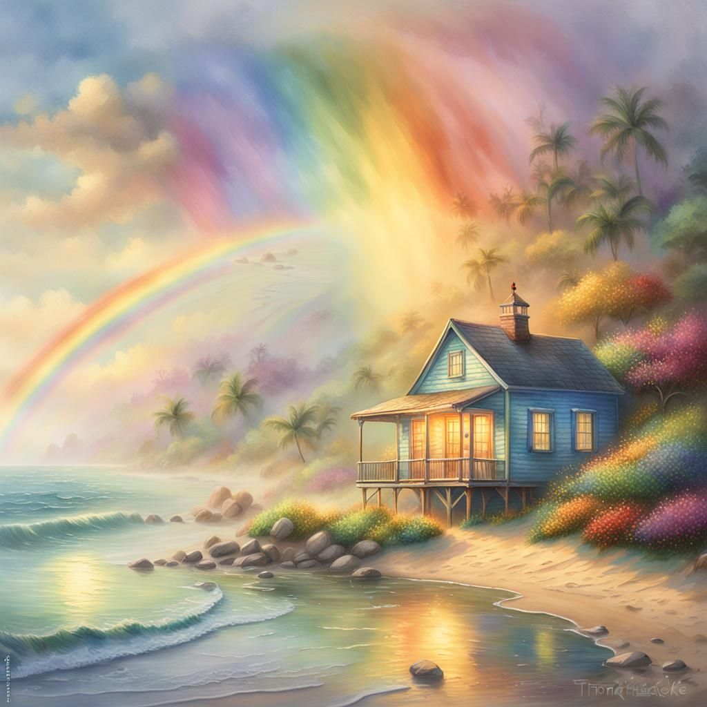 Rainbow Over Beach Cottage in Watercolor Style