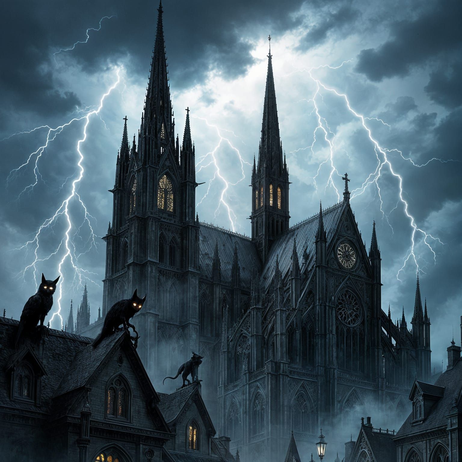 Gothic Cathedral Silhouetted Against Stormy Sky