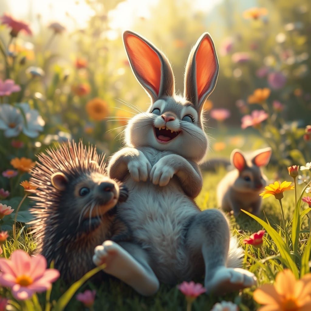 Surreal Bunny and Porcupine Garden Scene