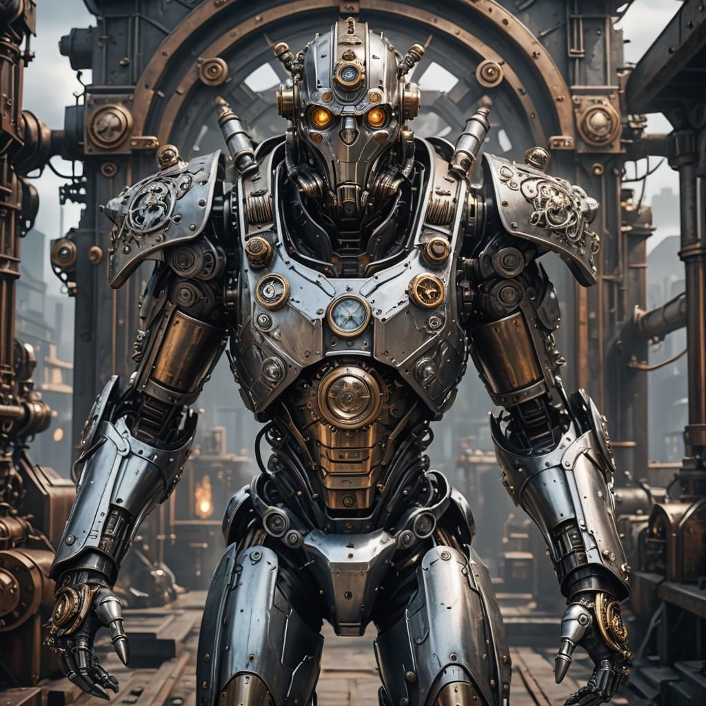 Steampunk Silver Metallic humanoid steel defender