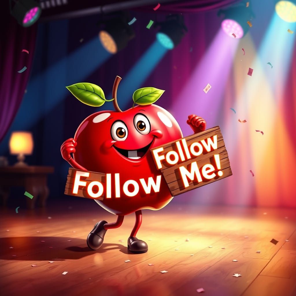Dancing Apple with "Follow Me!" Sign on Glowing Stage