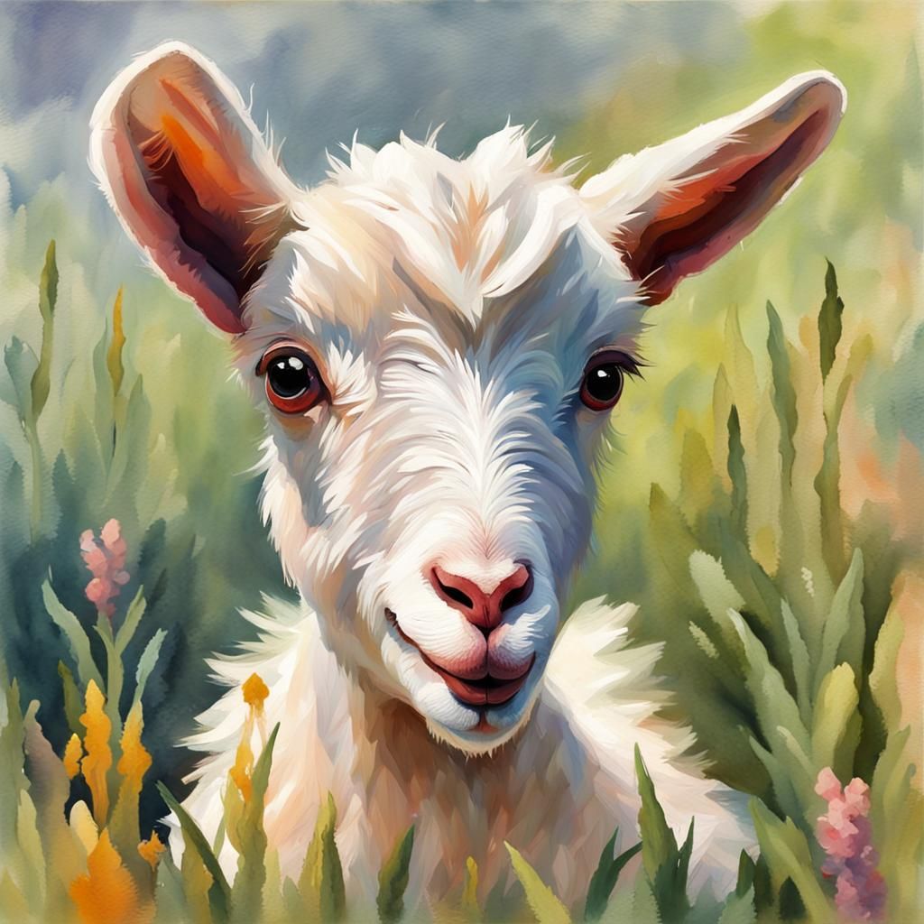 Happy Baby Goat on Farm in Gouache Style