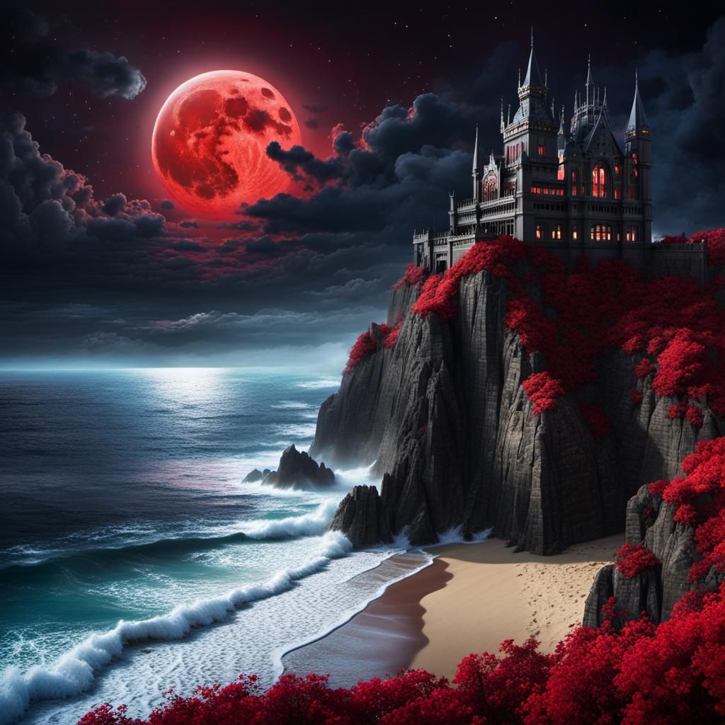 Dark gothic fantasy palace on top of cliffs, overlooking oce...