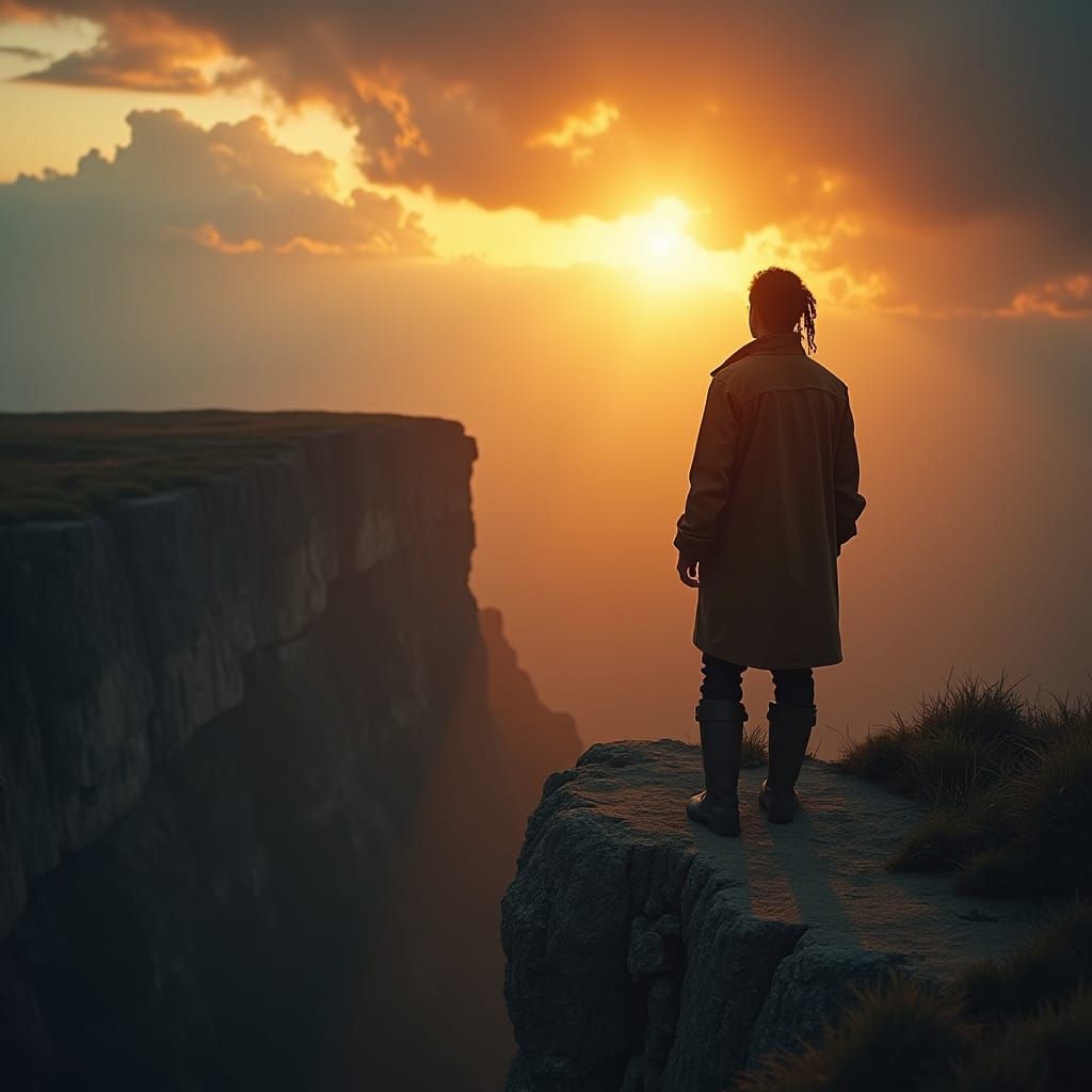 Epic Dawn: Cinematic Figure on Windswept Cliff