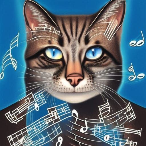 "Music notes exploded on a page with beautiful cats with big...