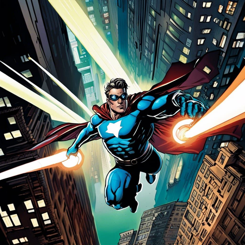 Laser-Eyed Superhero Soaring Through Cityscape