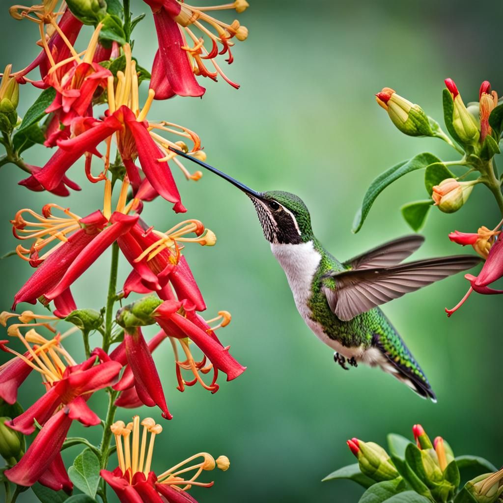 Hummingbird Pollinating Honeysuckle Flower in Hyperrealistic...