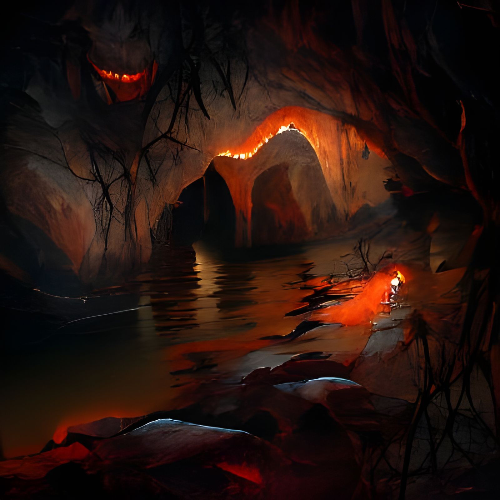 Sinister Cave Lake with Glittering Orange Lights