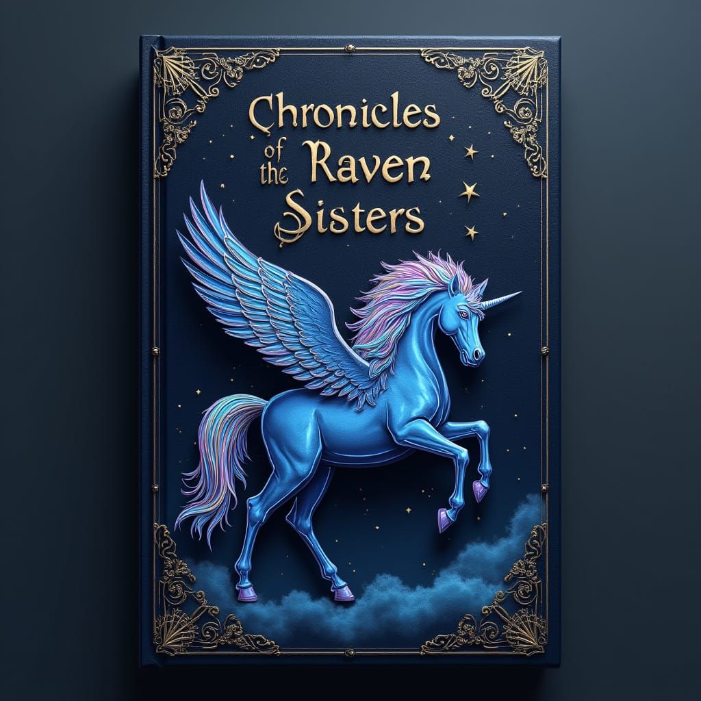 Whimsical Dark Blue Cover Featuring Majestic Winged Unicorn