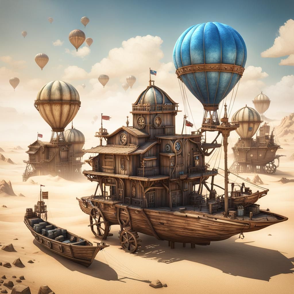 Mad Max hot air balloons floating over a wooden fort in the desert.