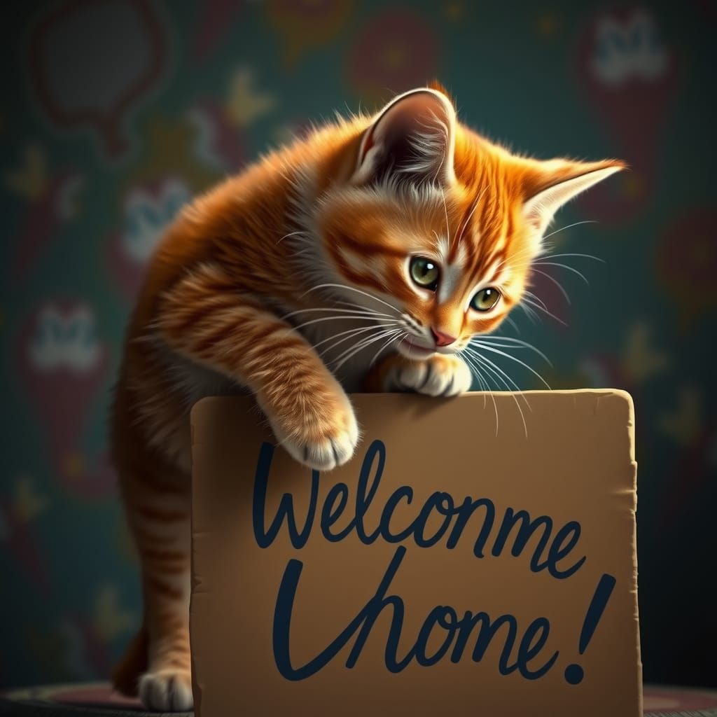 Orange Kitten Climbs Over Welcome Home Sign