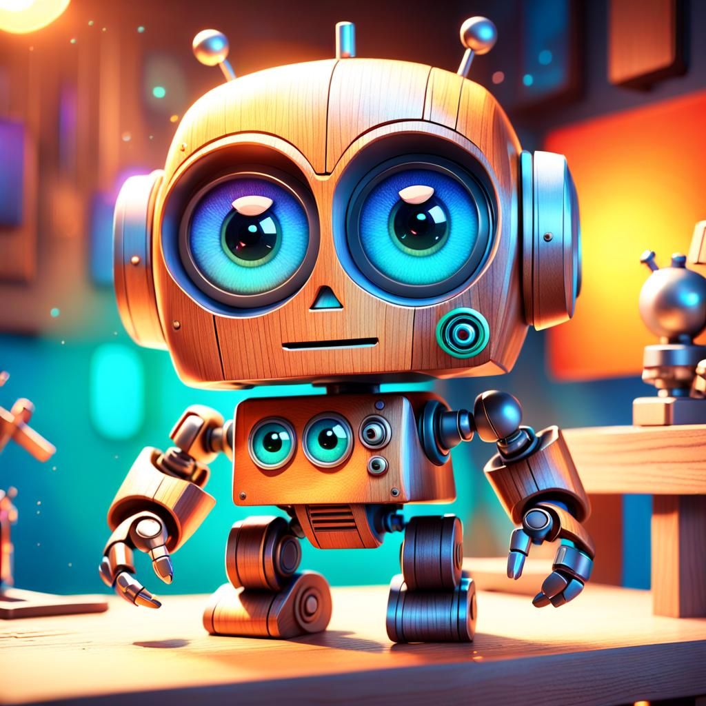 Endearing Wooden Robot Concept Art in Pixar Style