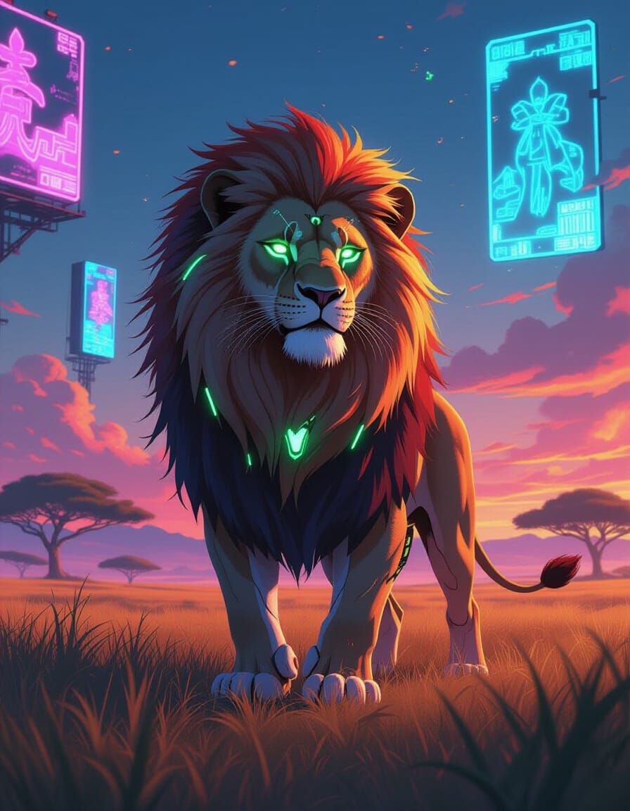 Cybernetic Lion Surveys Neon Savanna in Anime Style