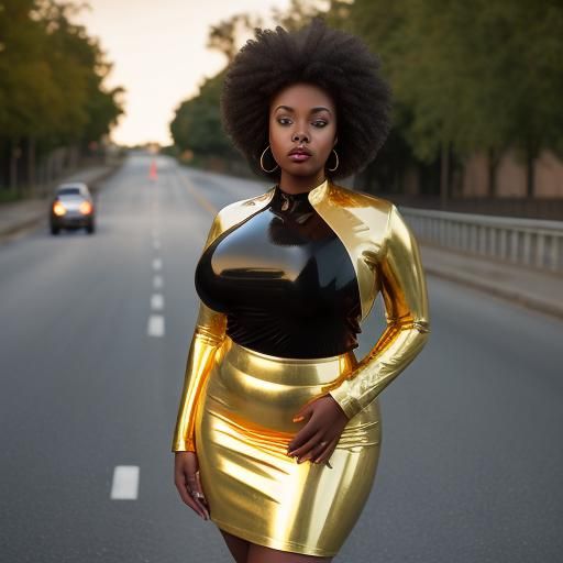 Hyperrealistic Curvy Woman in Golden Latex Skirt