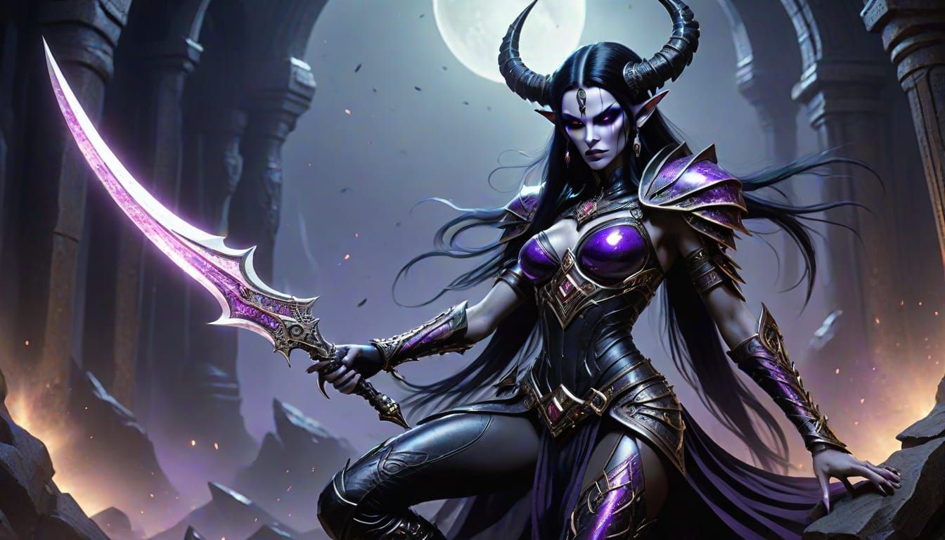 Ethereal Dark Elf Maiden in Klimt-Inspired Cyberpunk Style