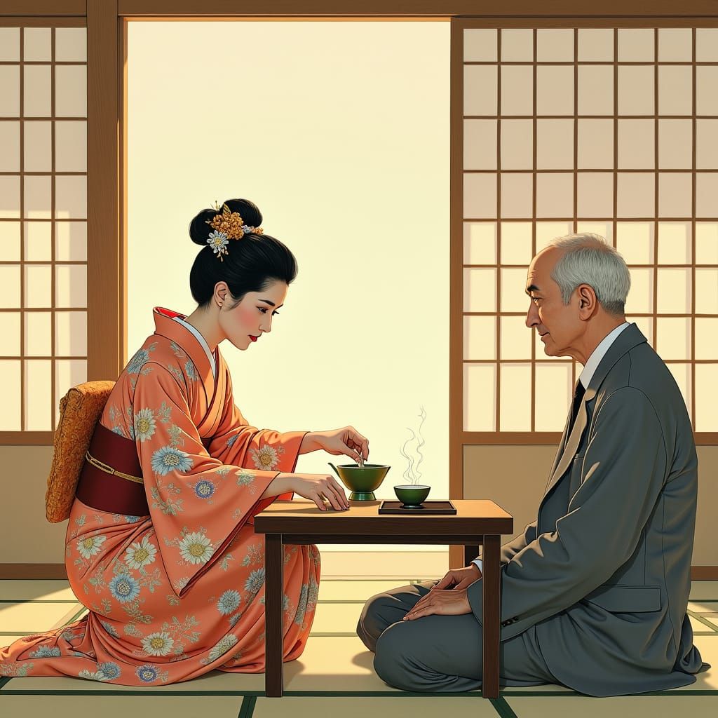 Japanese Tea Ceremony in Ukiyo-e Style