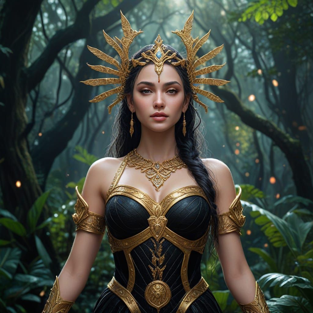 Goddess of Revenge in Starry Rainforest: Fantasy Art