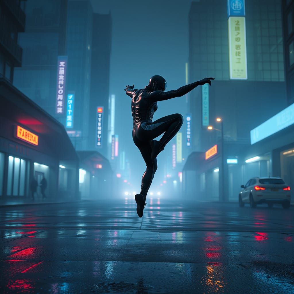 Futuristic Dancer Leaps Amidst Neon Cityscape in Cyberpunk S...