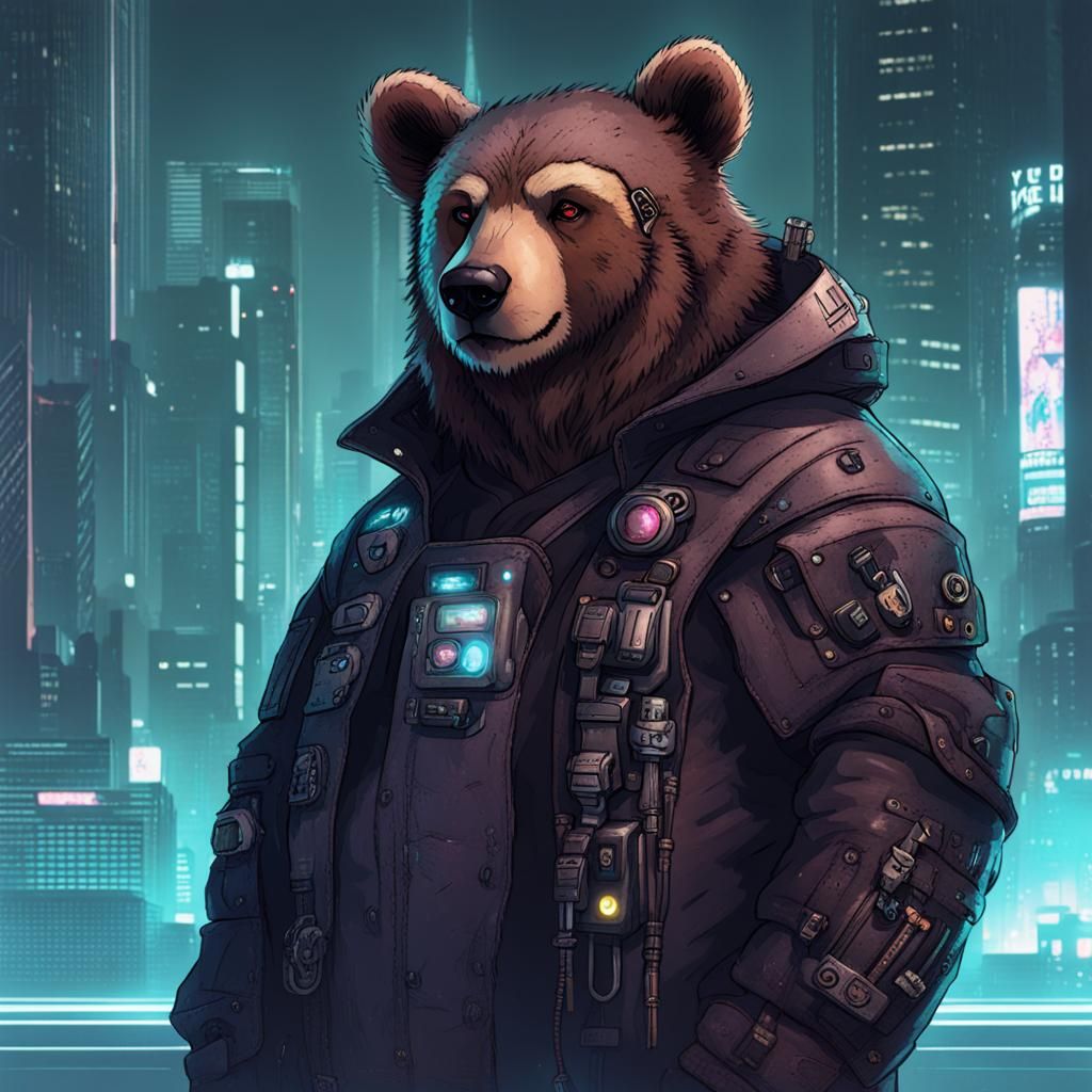 Cyberpunk Bear Person in Urban Setting