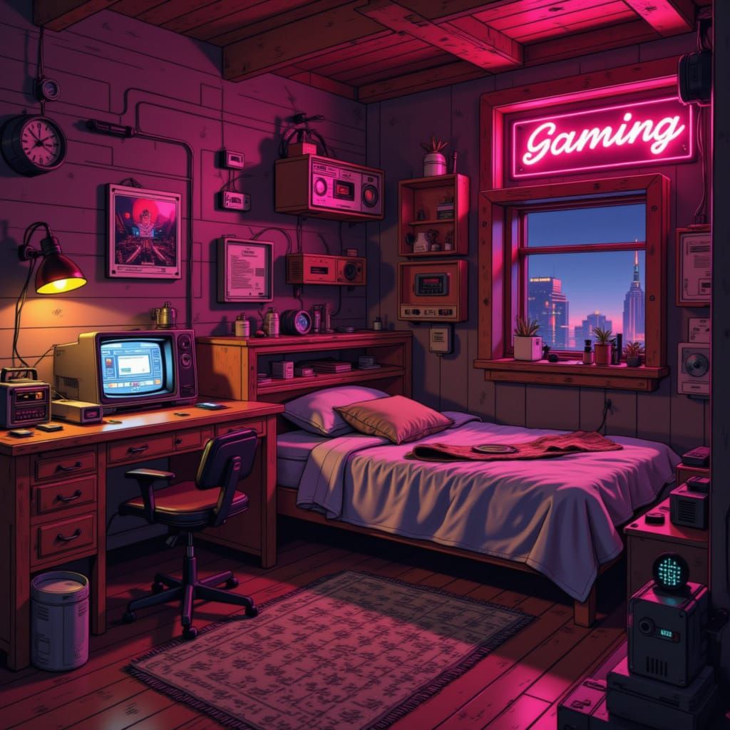Rustic Lofi Gamer's Bedroom with Steampunk Gadgets