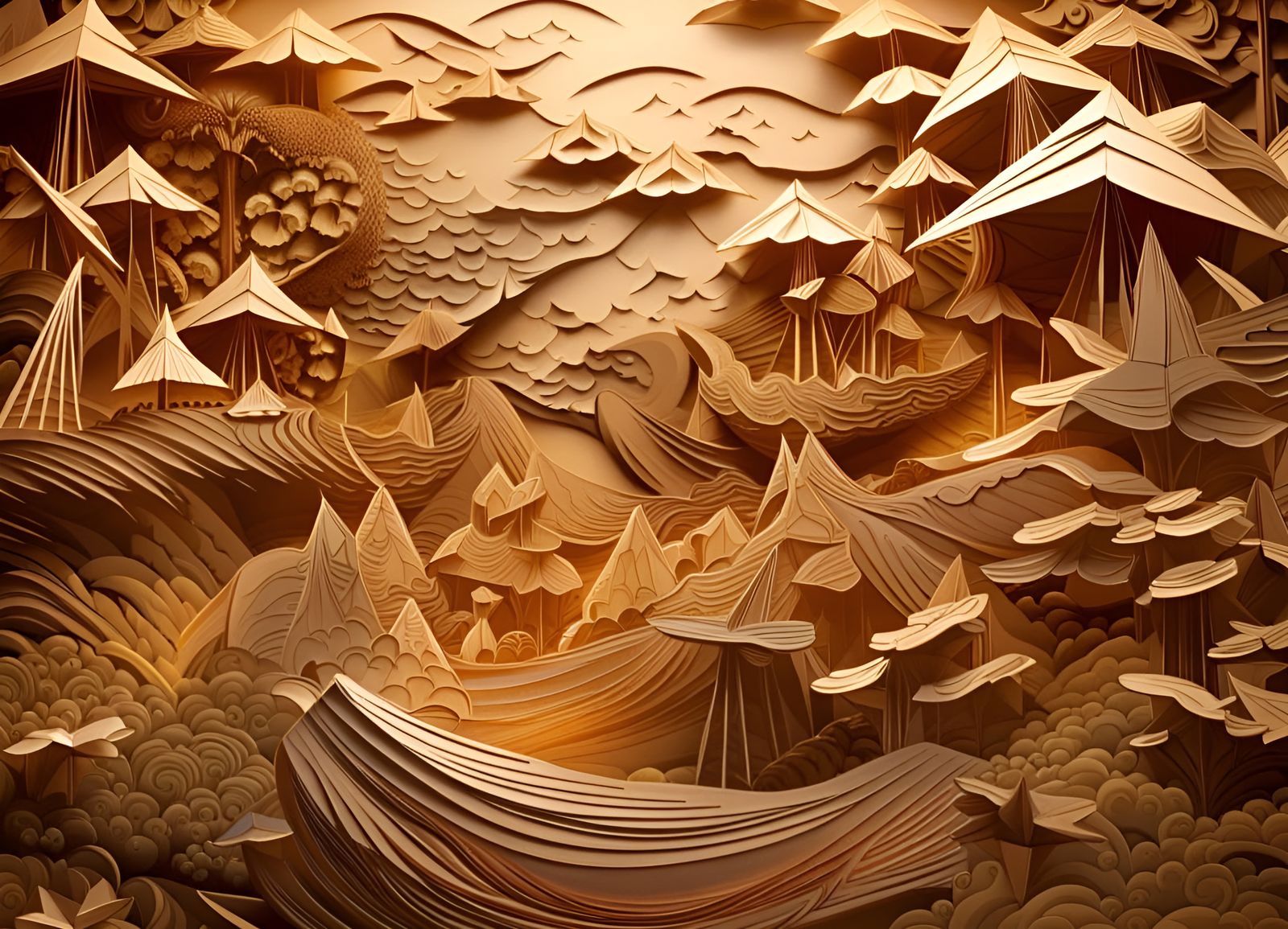Intricate Origami Viking Battle Scene in Art Nouveau