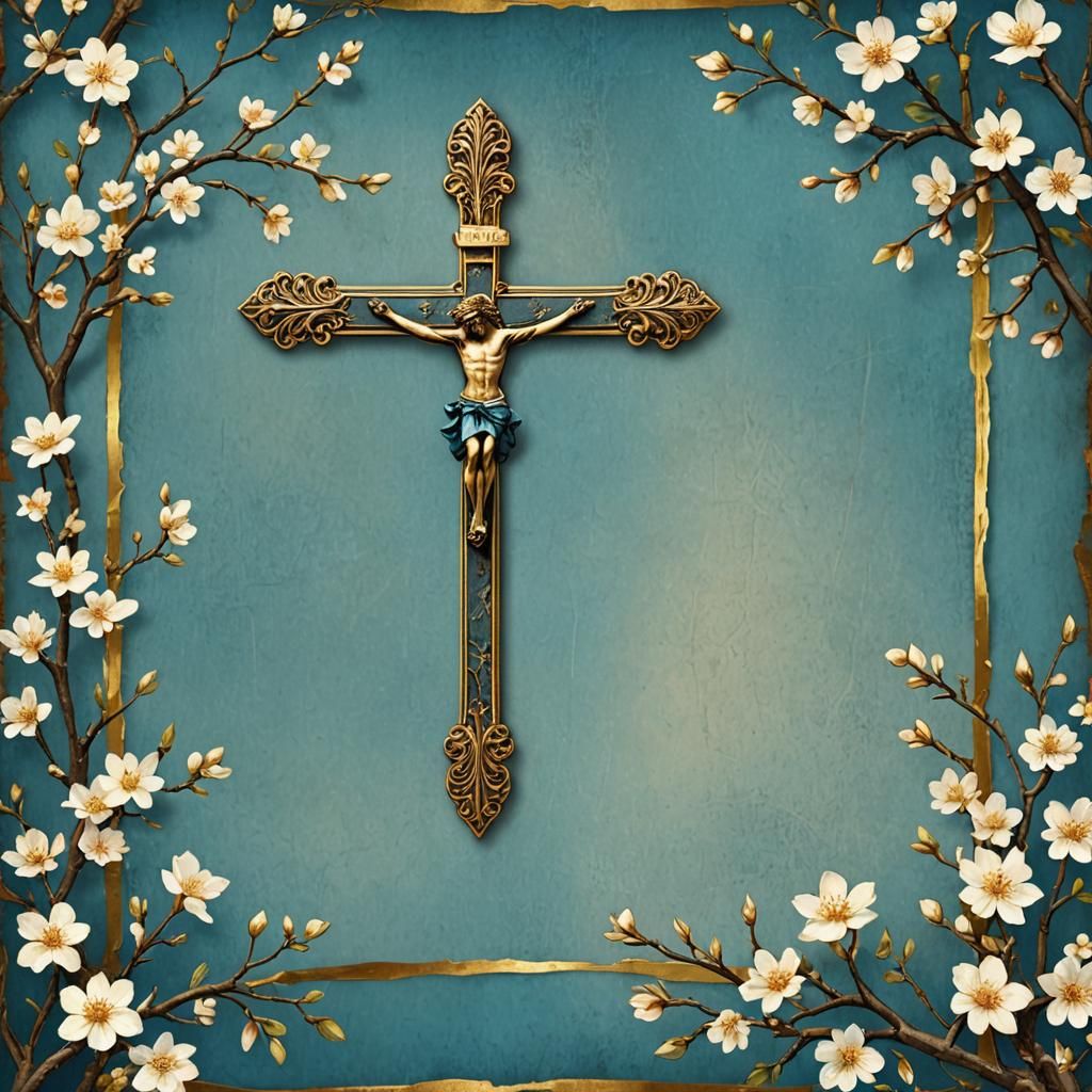 Blue Banner with Antique Cross and Blossoms