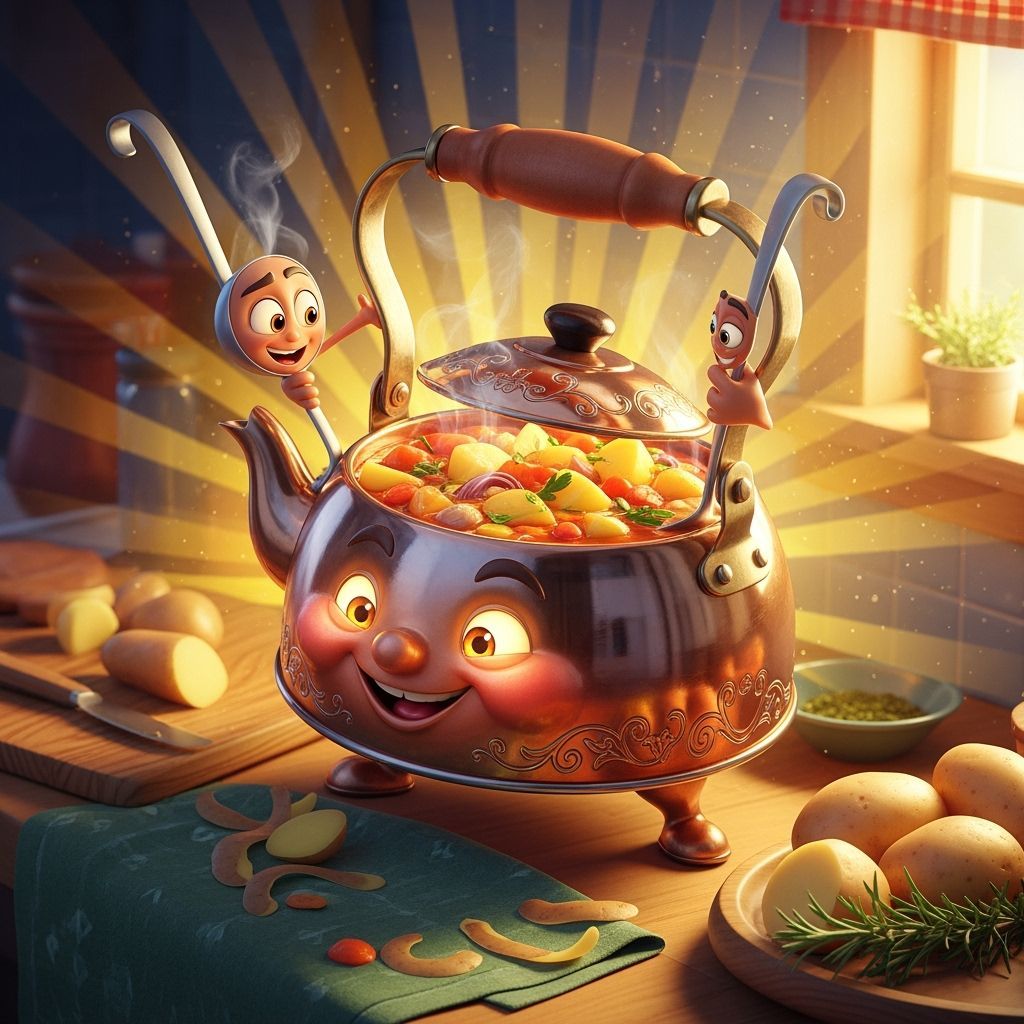 Anthropomorphic Soup Kettle and Ladle Making Potato Stew