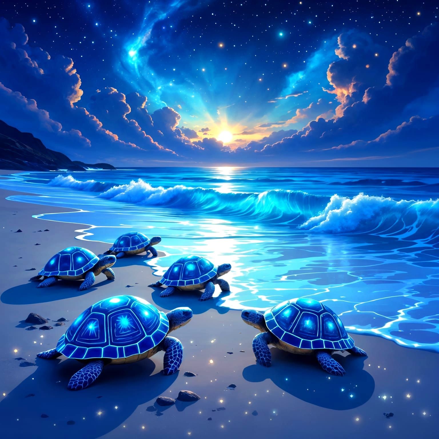 Bioluminescent Ocean with Crystal Shore and Tortoises