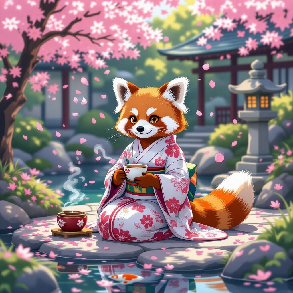 Red Panda Geisha in Japanese Garden, Ghibli Style