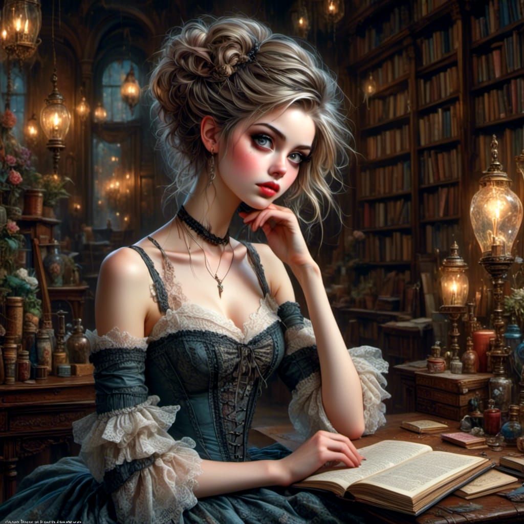 Victorian Beauty in Library, Ethereal Fantasy