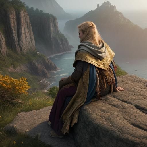 Woman and Cat on Cliff in Matte Painting Style