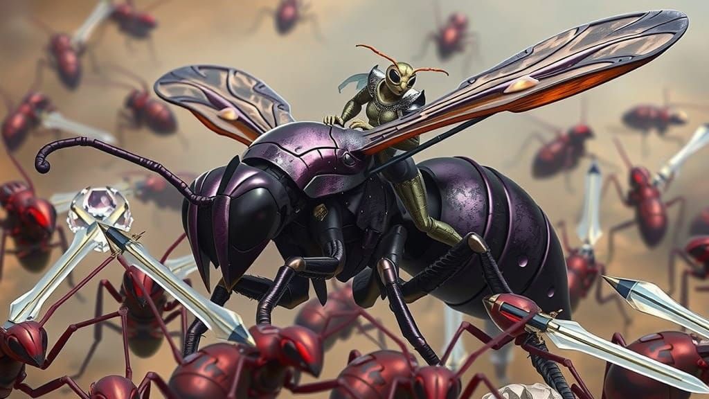 A hyper-realistic, intricately detailed, purple polished metallic wasp with a glossy, mirror-like finish, its body a dee...