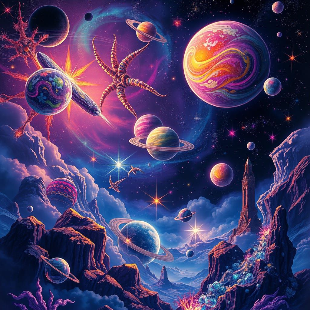 Ethereal Celestial Being in Vibrant Starlit Dreamscape