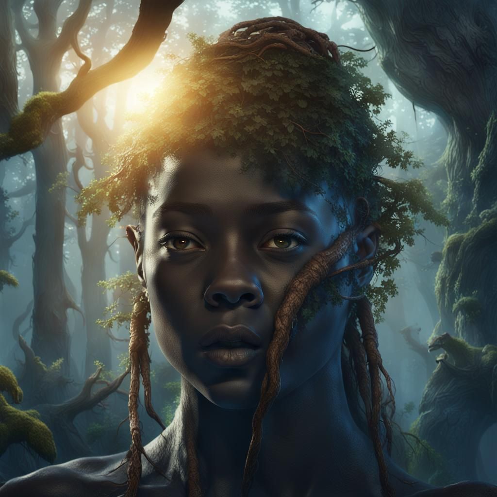 Mystical Forest Sorceress with Tree Roots, Fantasy Art