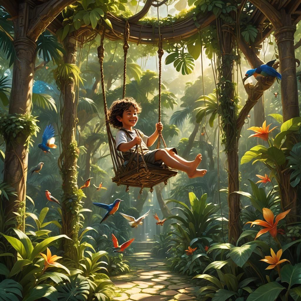 Joyful Child on Swing in Lush Tropical Paradise