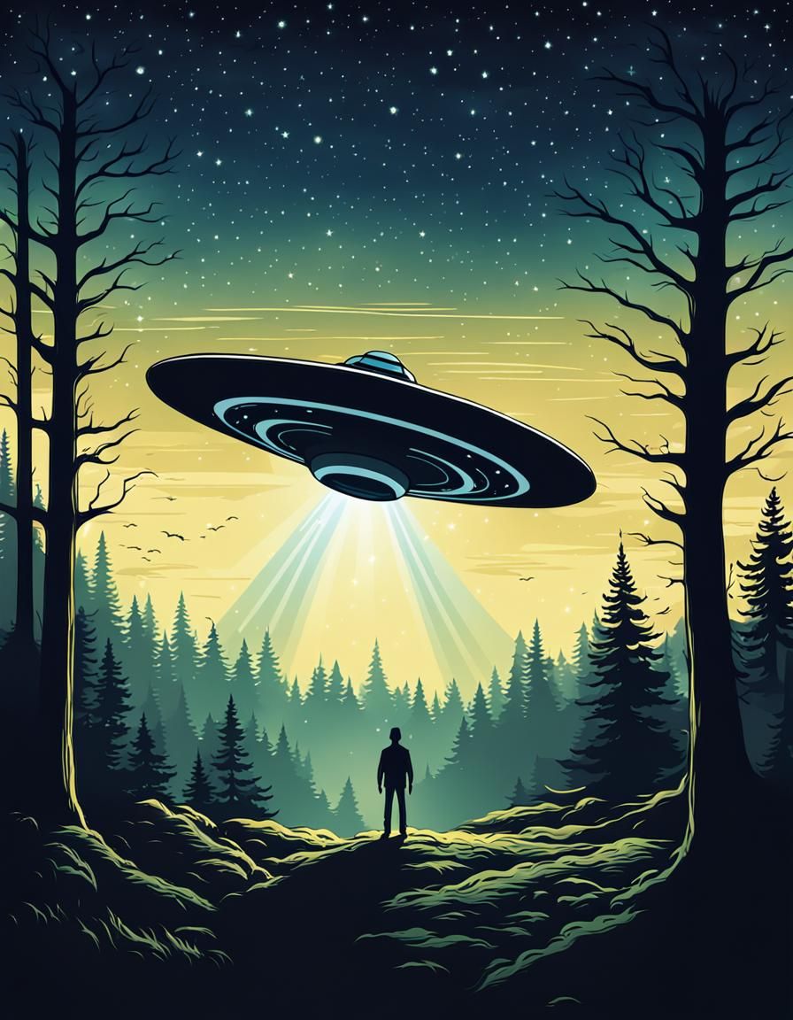 UFO Poster Art: Night Encounter in the Forest