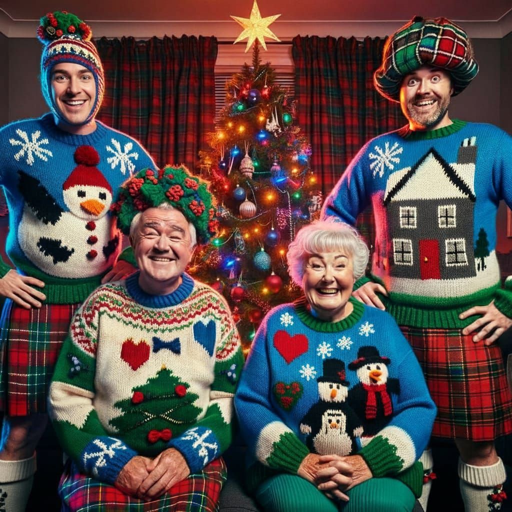 Family in Humorous Handmade Christmas Sweaters