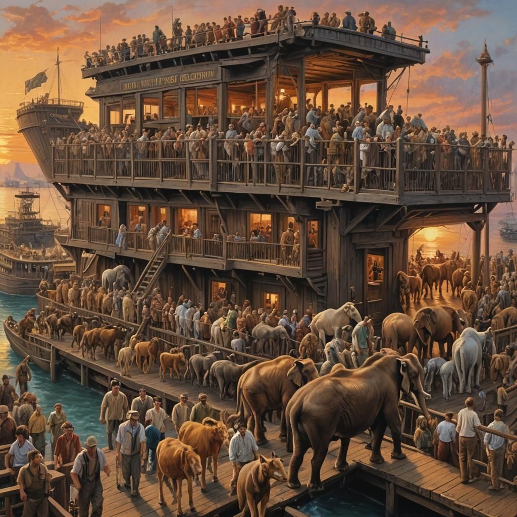 Animals Boarding Noah's Ark: Oil Painting