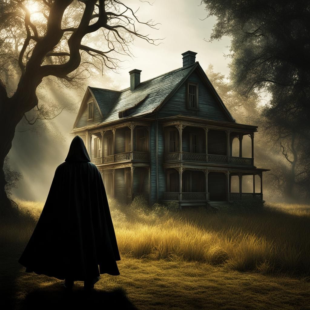 Mysterious figure in front of a creepy house