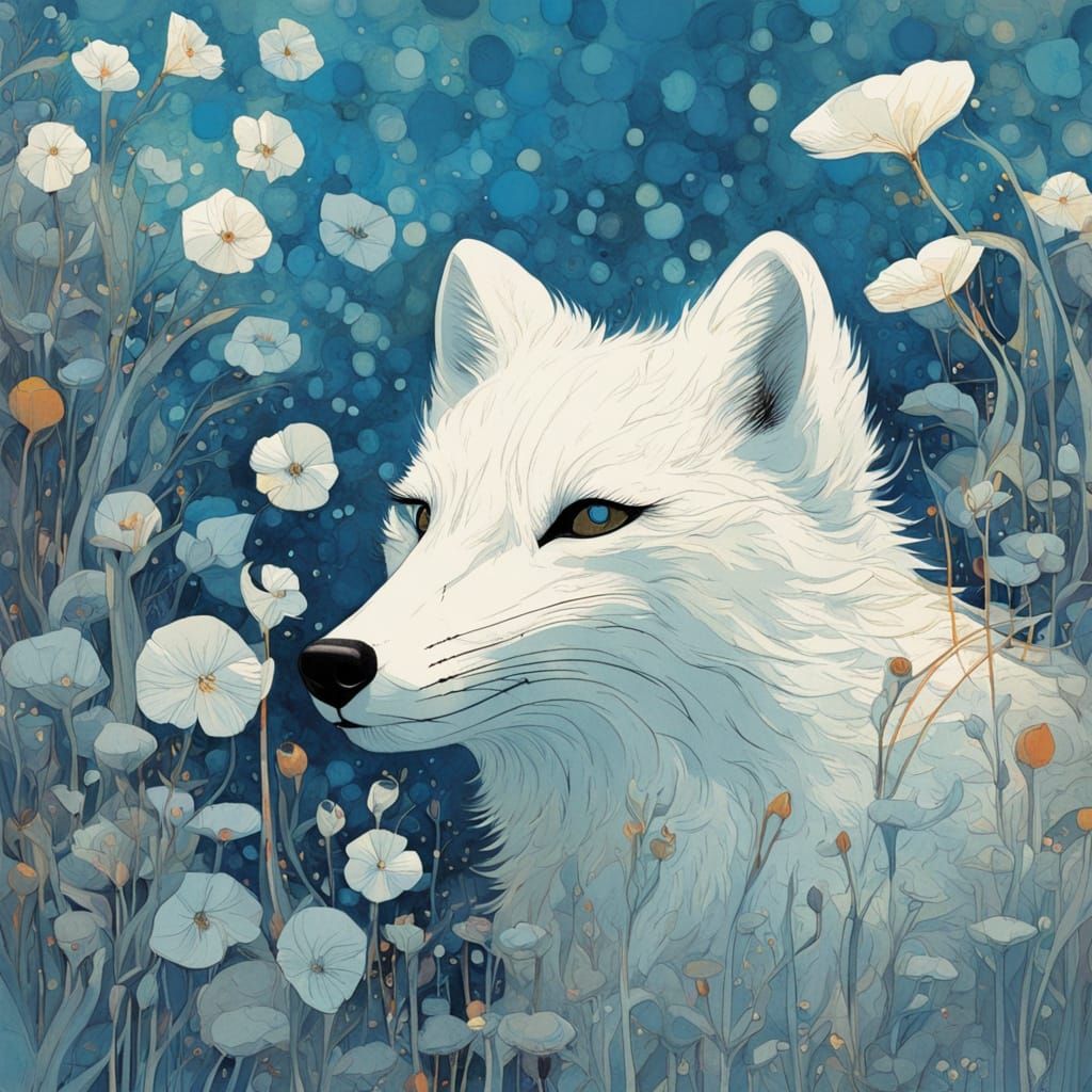 Glowing Arctic Fox in Bioluminescent Field