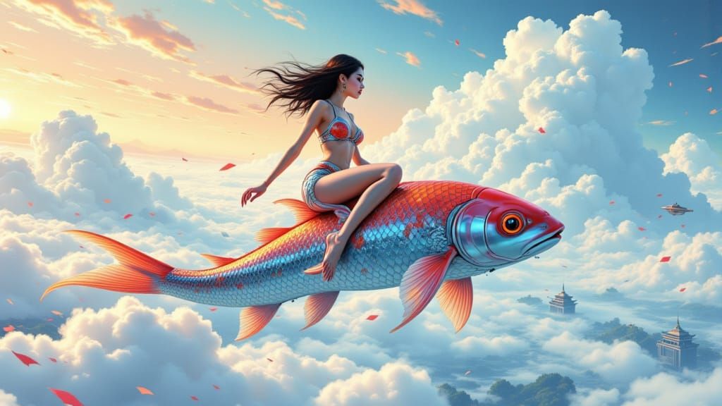 Vibrant Cyberpunk Goddess Rides Futuristic Flying Koi throug...